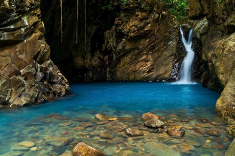 Saut d'eau de Matouba, waterfall with blue water, Saint-Claude, Basse Terre, Guadeloupe, French
