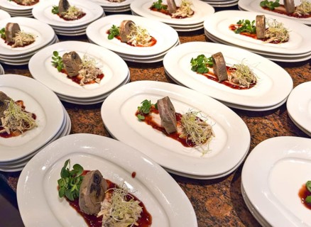 Elegant arrangement of appetiser plates with meat, salad and sauce in a buffet presentation Lower
