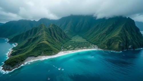 Aerial view of a tropical paradise, showcasing lush green mountains, a pristine beach, and