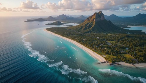 An aerial view showcases a breathtaking tropical landscape with a long sandy beach, turquoise