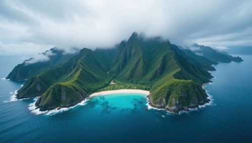 Aerial view of a stunning tropical island with lush green mountains, a white sandy beach, and