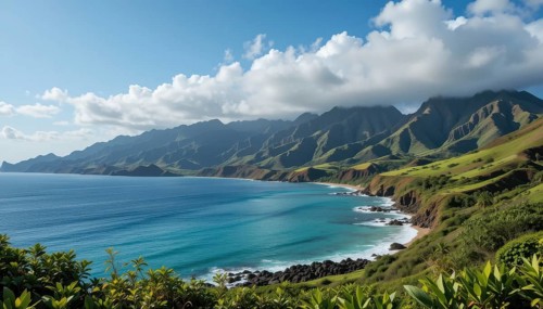 Stunning coastal landscape featuring turquoise waters, lush green mountains, and a clear blue sky