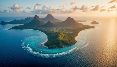 An aerial view captures a tropical island with lush green mountains, turquoise waters, and a
