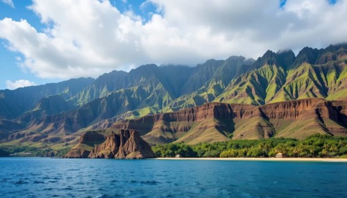A breathtaking view of a mountain range meeting the sea under a bright blue sky with puffy clouds.