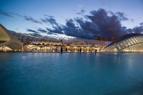 Valencia Spain Dramatic sky over modern building in the water at Evening City of Arts and Sciences