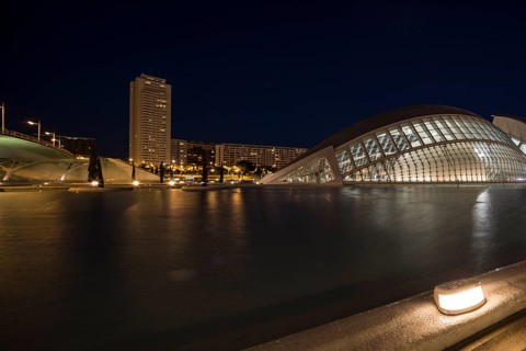 Valencia Spain Urban night landscape in ValÃ¨ncia with reflective structures City of Arts and
