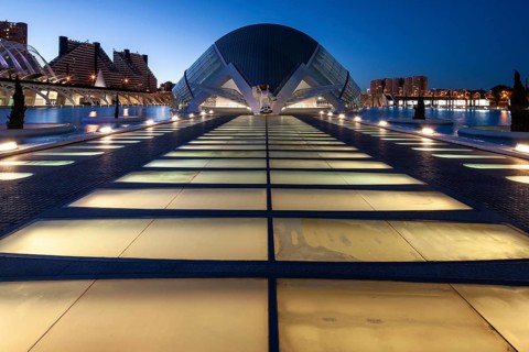 Valencia Spain Futuristic architecture at night, illuminated against the clear night sky City of