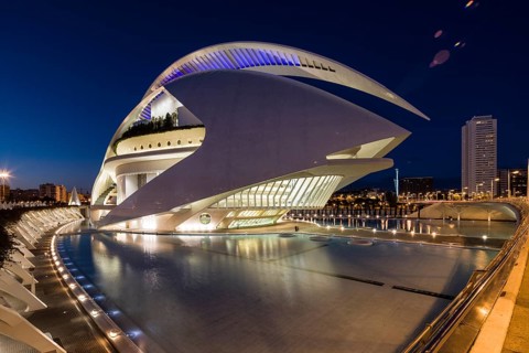 Valencia Spain Impressive futuristic building at night with illuminated city skyline Opera
