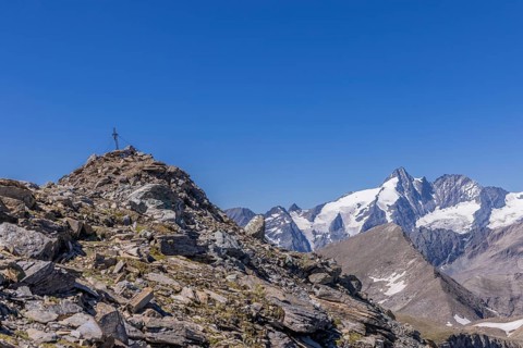 Landscape panorama, summit cross, Brennkogel, hiker, GroÃŸglockner, Pinzgau