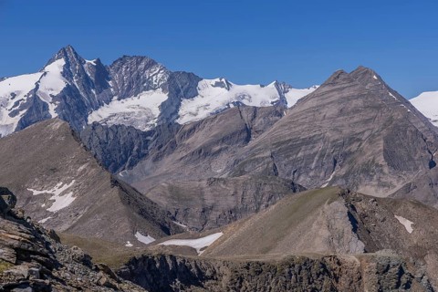 Landscape panorama, summit cross, Brennkogel, hiker, GroÃŸglockner, Pinzgau