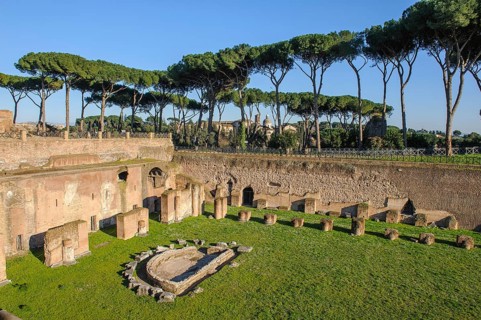 View of part of ancient historical Palatine Stadium Hippodrome on Palatine Hill of Emperor Domitian