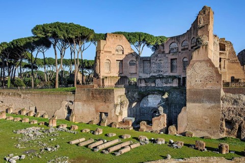 Front view of parts of ancient Palatine stadium Hippodrome with lying column fragments, behind