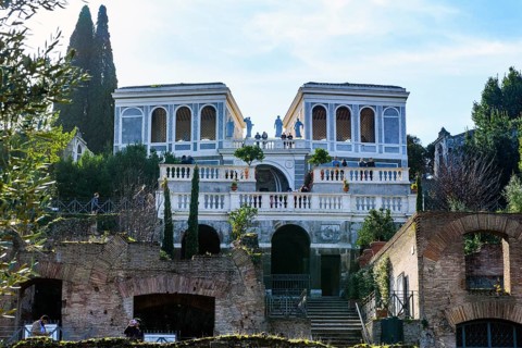View from Forum Romanum to building Uccellerie Farnesane at the edge of Roman Palatine Hill