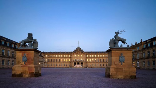 Heraldic animal lion and stag in front of the main wing and cour d'honneur Neues Schloss,