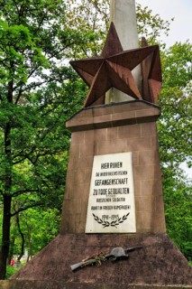 Obelisk with inscription, cemetery of honour of Soviet war dead, prisoner-of-war camp, World War
