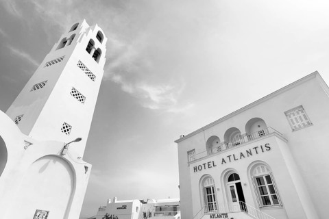 Hotel Atlantis, bell tower of the Orthodox Metropolitan Cathedral, monochrome, Fira, Santorini,