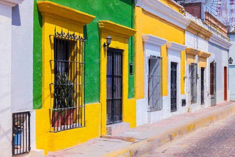 Mexico, Mazatlan colorful old city streets in historic center near El Malecon promenade ocean shore