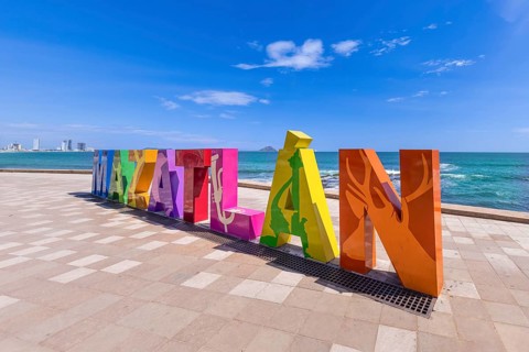 Mexico, Mazatlan Letters at entrance to Golden Zone Zona Dorada, touristic beach and resort zone