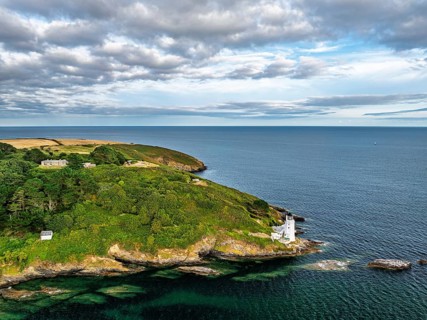St Anthony Lighthouse from drone, Roseland peninsula, Head circular walk, Cornwall, UK