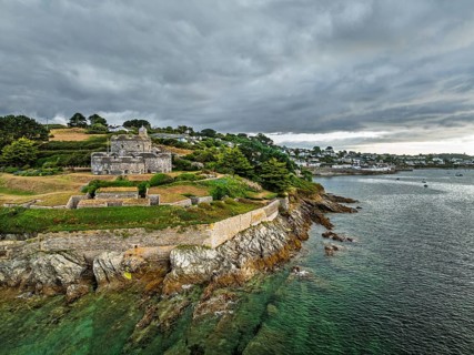St Mawes Castle from a drone, Carrick Roads, River Fal, Falmouth, Cornwall, UK