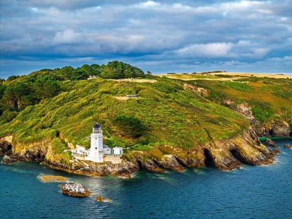 St Anthony Lighthouse from drone, Roseland peninsula, Head circular walk, Cornwall, UK