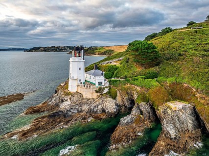 St Anthony Lighthouse from drone, Roseland peninsula, Head circular walk, Cornwall, UK
