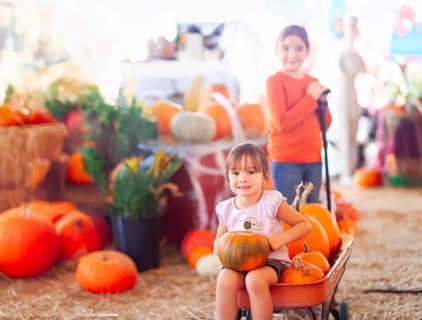 Two sisters enjoying a wagon ride at a pumpkin patch on a fall day