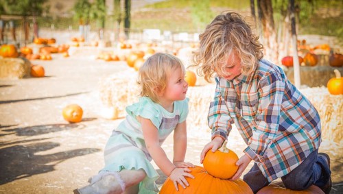 Young brother and sister playing in a rustic ranch setting at the pumpkin patch