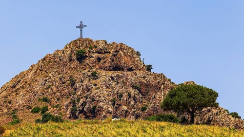 Giant steel cross on Monte Mar di Capanna, above Porto Azzurro, Elba Island, Tuscan Archipelago