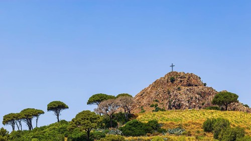 Giant steel cross on Monte Mar di Capanna, above Porto Azzurro, Elba Island, Tuscan Archipelago