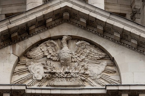 St. Pauls cathedral close up of a eagle figure on the outside of the building, City of London,
