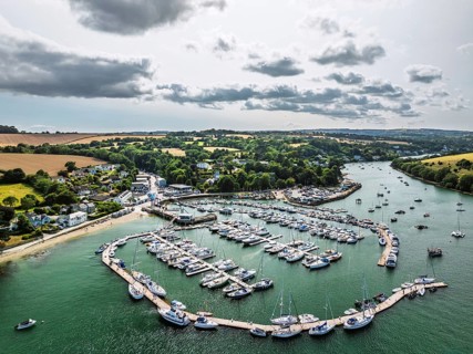 Mylor Churchtown Village from a drone, Carrick Roads, River Fal, Falmouth, Cornwall, UK