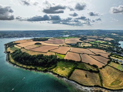 Mylor Churchtown Village from a drone, Carrick Roads, River Fal, Falmouth, Cornwall, UK