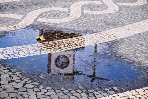 Tower of the town hall reflected in a puddle, Ponta Delgada, SÃ£o Miguel, Azores, Portugal