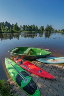Surfboards and rowing boat in the ArgenbÃ¼hl moor pool near Eisenharz, Baden-WÃ¼rttemberg, Germany