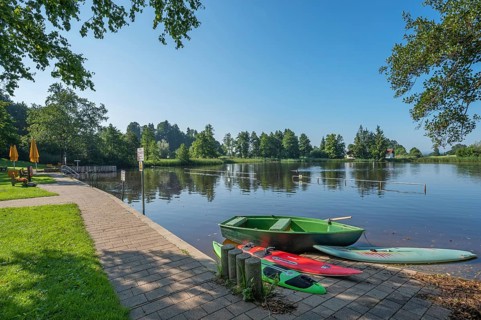 Surfboards and rowing boat in the ArgenbÃ¼hl moor pool near Eisenharz, Baden-WÃ¼rttemberg, Germany