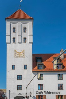 The Waisentor with tiled roof and sundial, Kempten, AllgÃ¤u, Bavaria, Germany