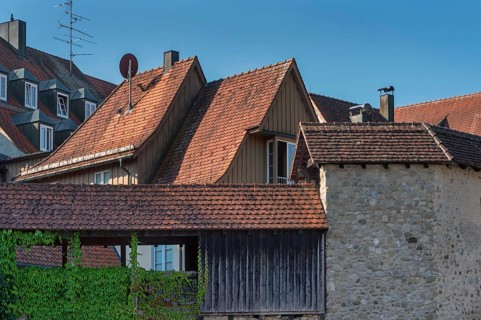 Pointed gable houses with tiled roofs and town wall with battlements, Isny, Swabia,