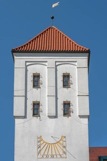 The Waisentor with tiled roof and sundial, Kempten, AllgÃ¤u, Bavaria, Germany