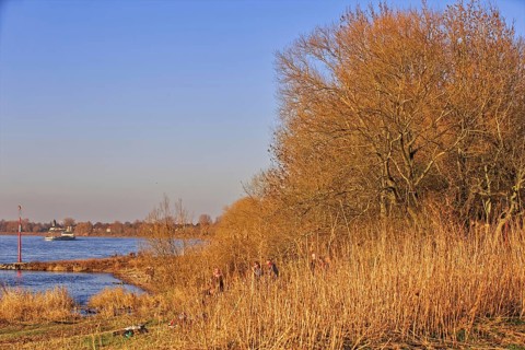 Tranquil river landscape with people sitting on the bank enjoying the late afternoon sun,
