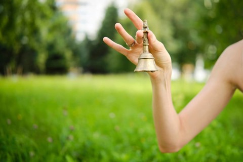 A hand gracefully holds a singing bell in a vibrant green garden, with soft sunlight filtering