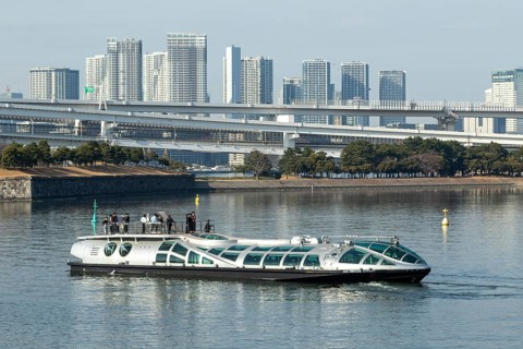 Futuristic Tokyo Cruise Water Bus Queen Emeraldas, excursion boat for harbour cruises in Tokyo Bay,