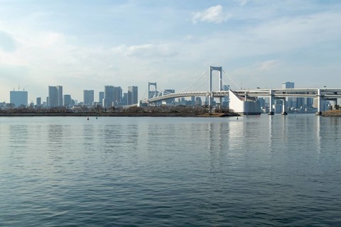 Landmark, Architecture, View of the Rainbow Brigde over Tokyo Bay, Odaiba, Minato City, Tokyo,