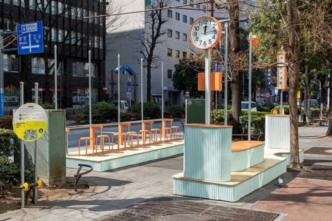 Urban design, close-up, orange Seiko clock and benches, Ikebukuro Living Loop, Public Furniture,