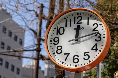 Urban design, close-up, orange Seiko clock, Ikebukuro Living Loop, Public Furniture,
