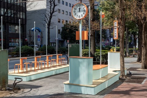 Urban design, close-up, orange Seiko clock and benches, Ikebukuro Living Loop, Public Furniture,