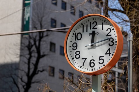 Urban design, close-up, orange Seiko clock, Ikebukuro Living Loop, Public Furniture,