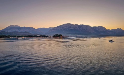 Seascape sunset panorama over the Mediterranean Sea near Kemer, Turkey. Panoramic view to the