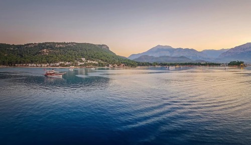 Seascape sunset panorama over the Mediterranean Sea near Kemer, Turkey. Panoramic view to the