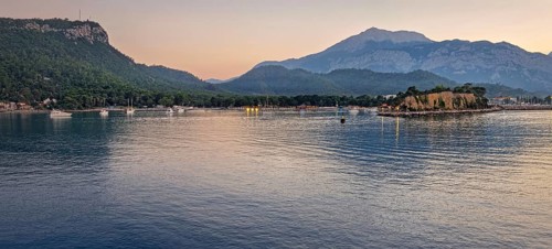 Seascape sunset panorama over the Mediterranean Sea near Kemer, Turkey. Panoramic view to the